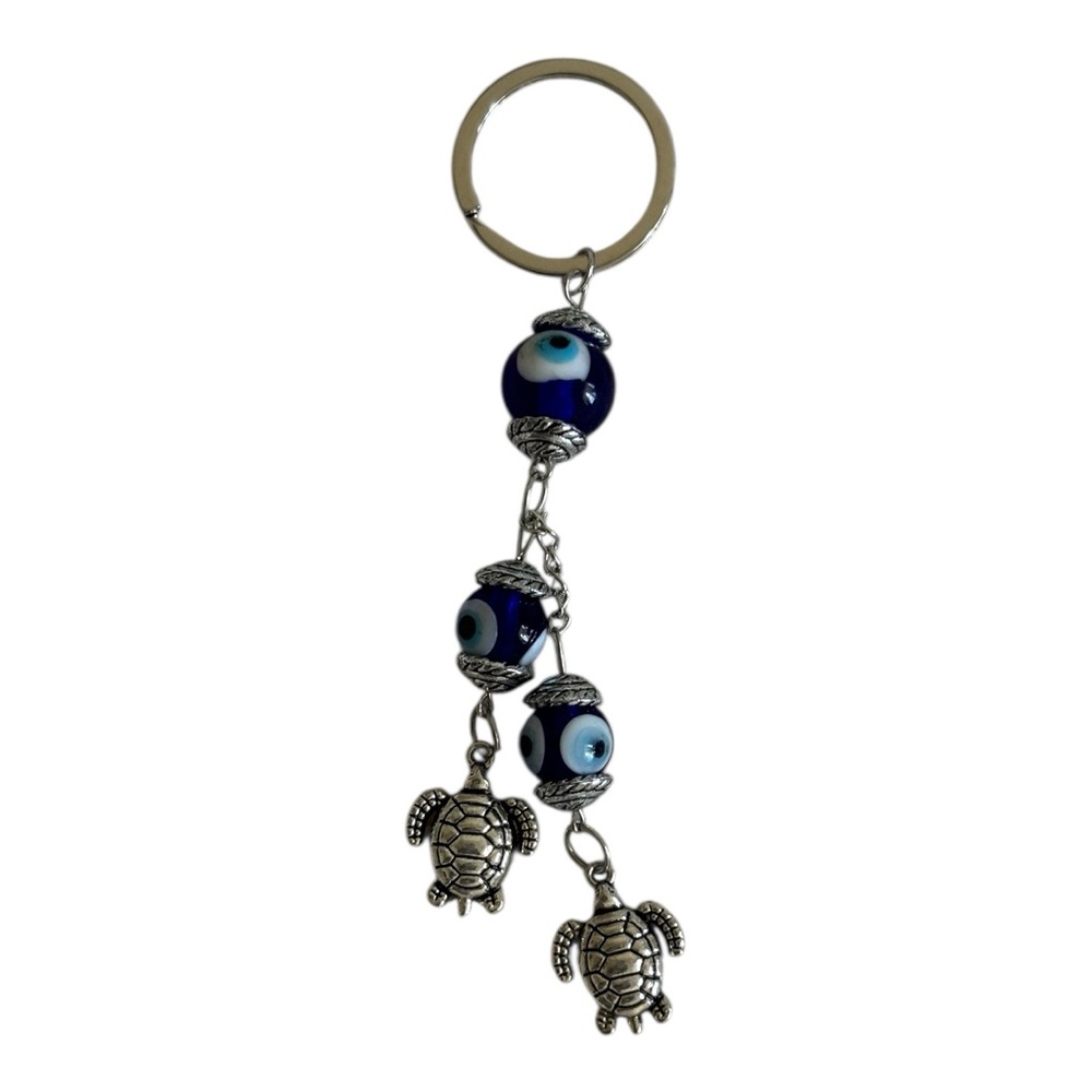 Evil Eye Keychain with Silver Turtle Charms Blue/Silver